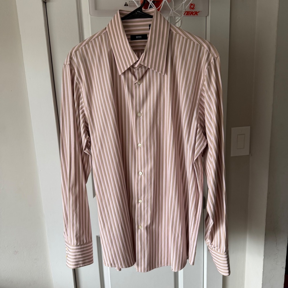 Hugo Boss Dress Shirt Men 17 34/35 XL Striped Tan Pink White Cotton Long Sleeve